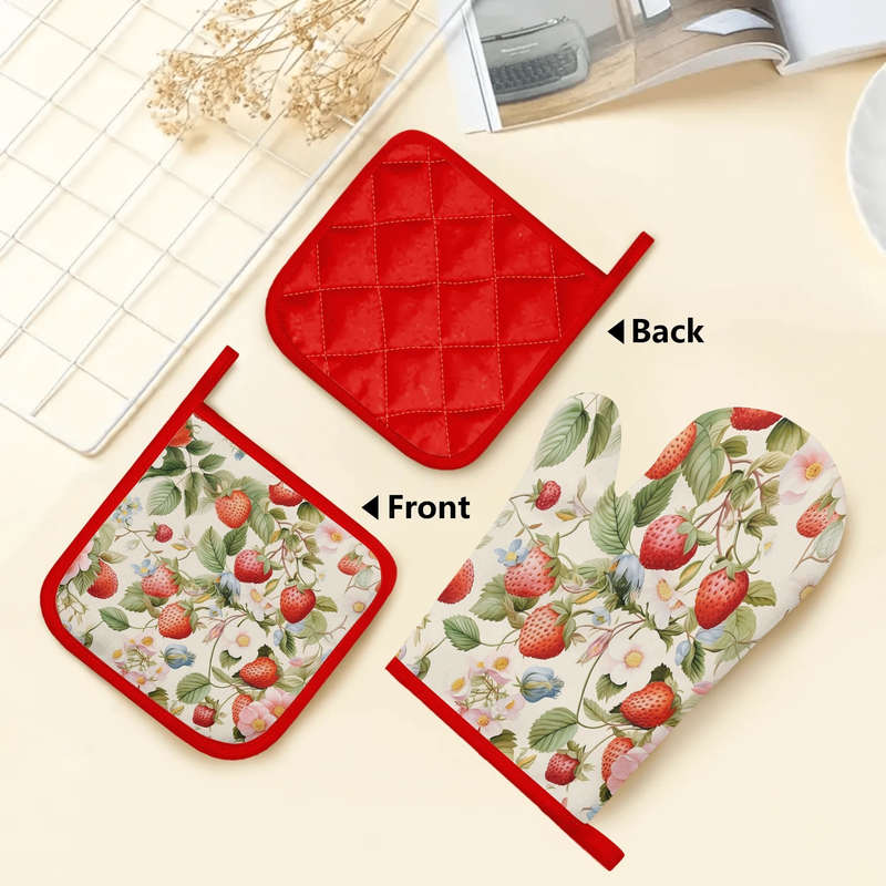2pcs Strawberry and Floral Pattern Silicone Oven Mitts Pot Holders Thickened Non-Slip Heat R