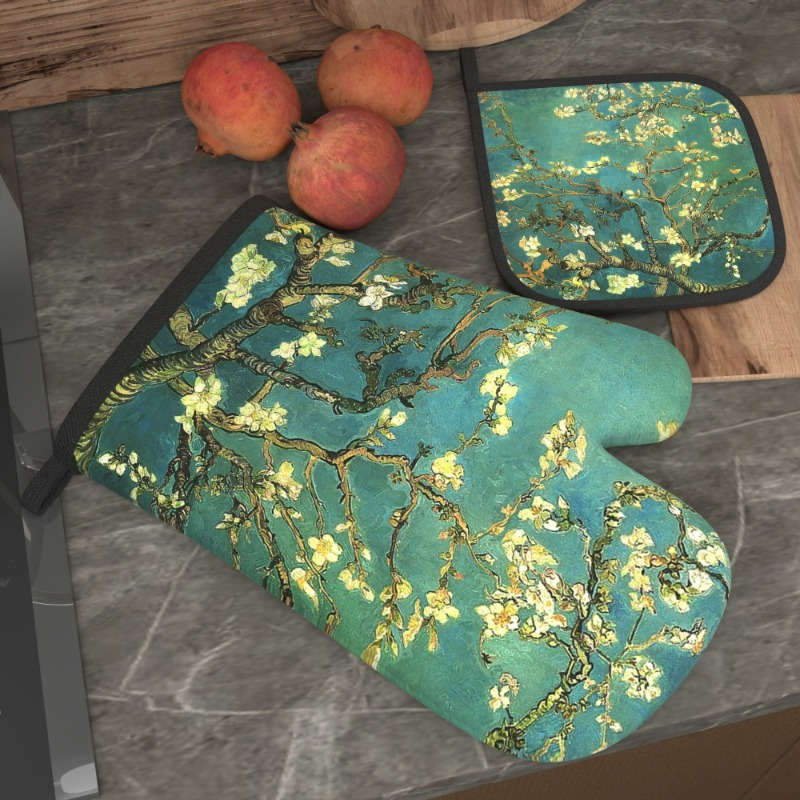 2pcs Heat-Resistant Oven Mitts with Apricot Tree Branch Design 26.92x17.02 cm Polyester Kitch