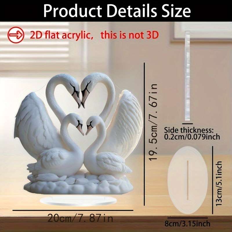 1pc 2D Flat   Acrylic Swan Couple Heart Sculpture Elegant Desktop Decor with Display Stand Rom