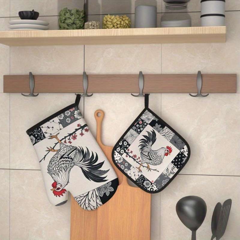 2pcs Rooster Plum Blossom Heat-Resistant Oven Mitts Floral Chinese Design 26.92x17.02 cm