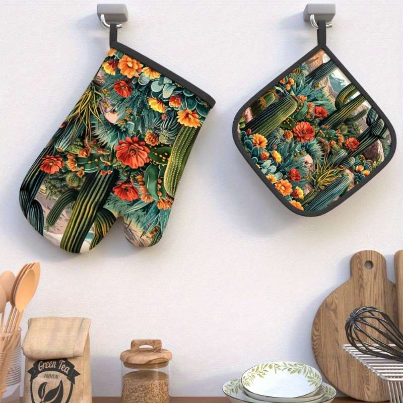 2pcs Vibrant Cactus and Floral Heat-Resistant Oven Mitts 26.92x17.02 cm Polyester Machine W