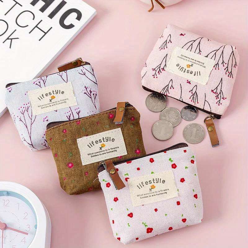 1pc Chic Floral Canvas Coin Purse Key Pouch Compact Zippered Wallet with Earphone Storage Ligh