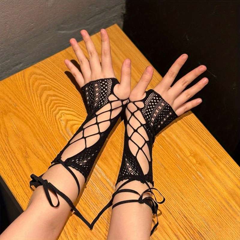 1 Pair 2Pair Lace And Fishnet Long Gloves