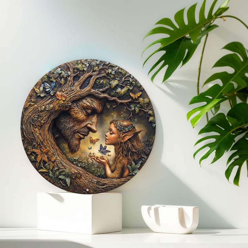 1pc 2D Flat 20.32x20.32cm Round Wooden Wall Art Vintage Tree and Flower Fairy Sign
