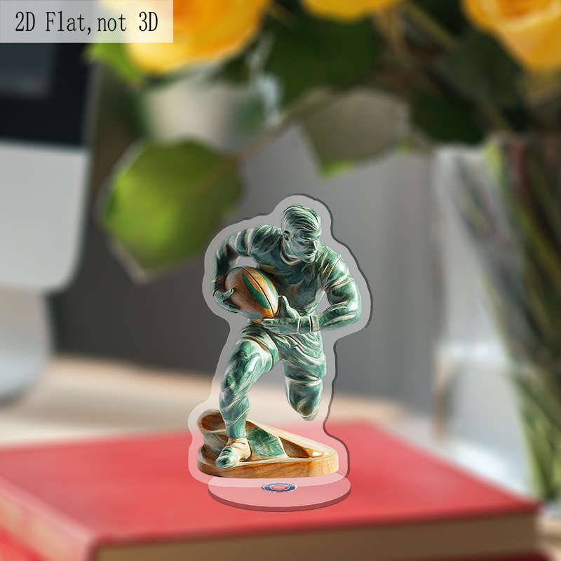 1pc 2D Flat  Acrylic  Rotatable Rugby Player Figurine Green Sports-Themed Stress Relief Desk Dec