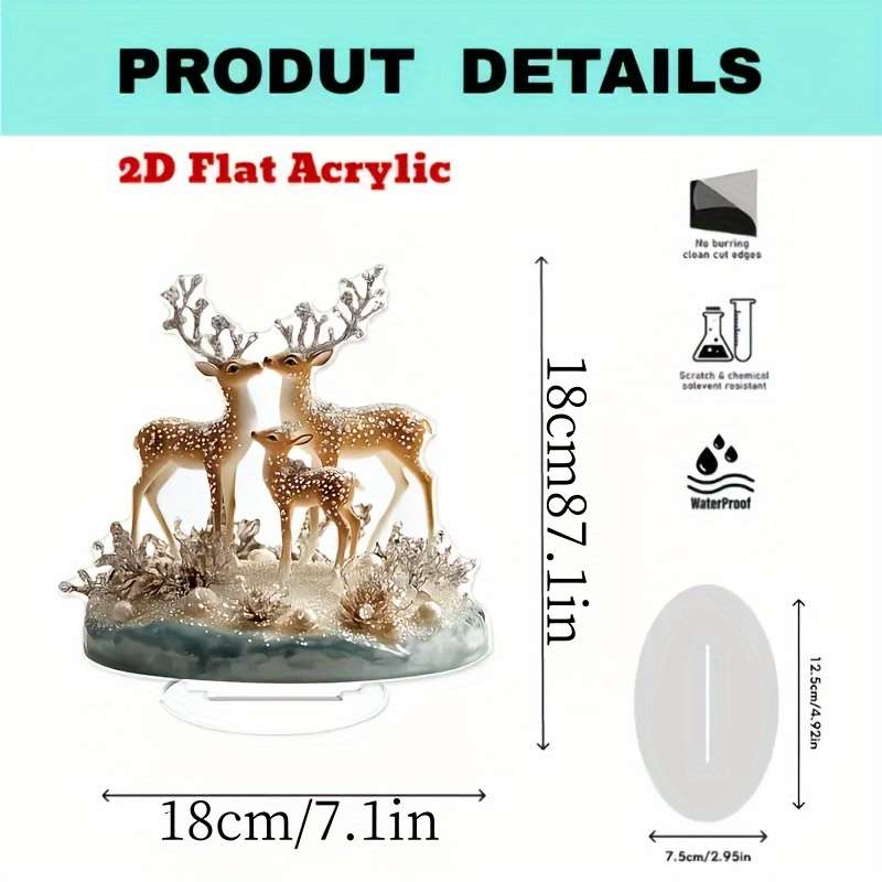 1pc 2D Flat  Elegant  Acrylic Deer Figurines Set of 3 Golden Glittery Antler Design Blue Go