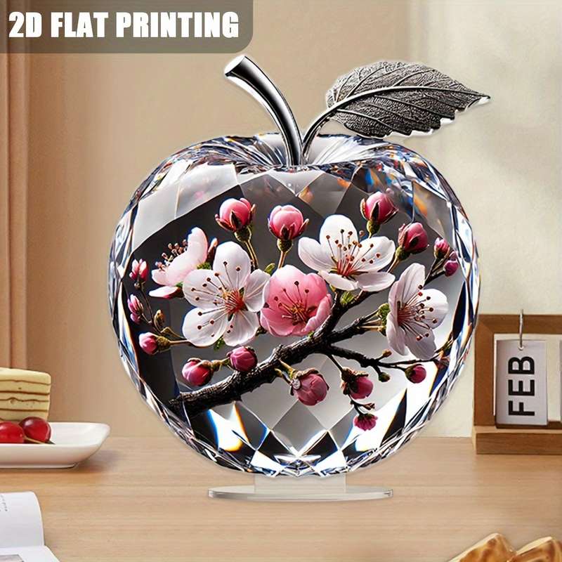 1pc 2D Flat   Printing Art Deco Acrylic Apple Statue with Cherry Blossom Design Universal Holida