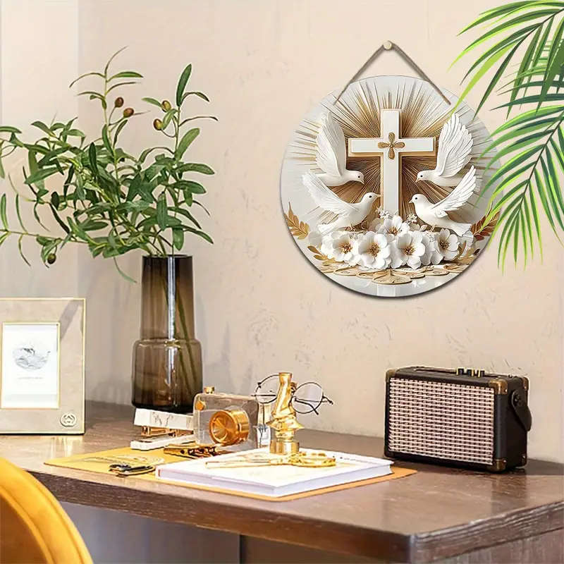1pc Rustic Wooden Cross and Dove Wreath Sign 19.99cmx19.99cm Round Religious Wall Decor with Hanging