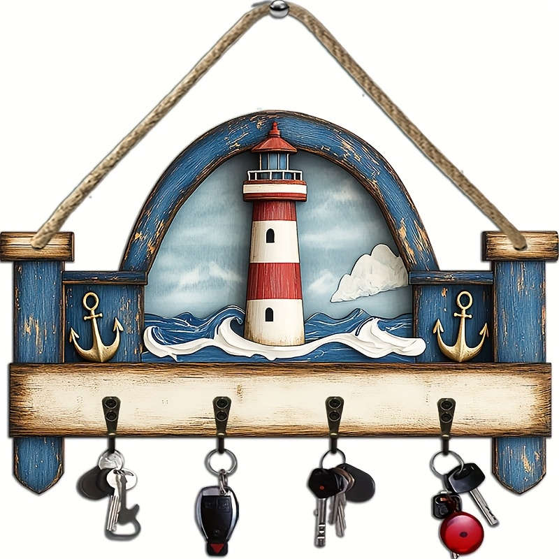 Vintage Nautical Lighthouse Wooden Key Holder2D Flat Design with Four Metal Hooks Colorful Wall