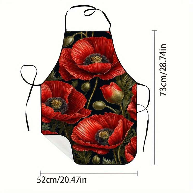 1pc Mother's Day Red Poppies Print Sleeveless Polyester Apron Vibrant Floral Design with Gree