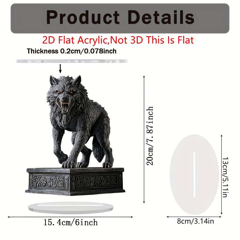 1pc 2D Flat   Bohemian Acrylic Wolf Sculpture Fierce Wolf Head Design with Ornate Base Dark De