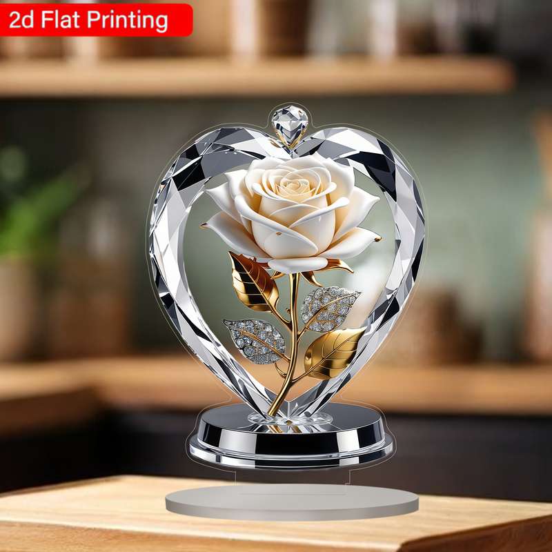 1pc 2D Flat   Acrylic Heart-Shaped White Rose with Golden Leaves Stems Elegant Home Decor for