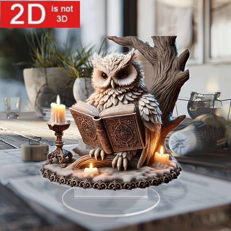 1pc 2D Flat  Retro Crystal Owl Reading Sculpture-  Acrylic Desktop Decoration Whimsical Animal T