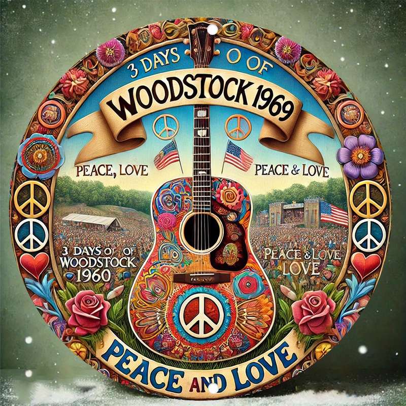 1pc 2D Flat Woodstock Music Festival Hippie Peace Sign Art Retro Round Tin Sign Vintage Wall Dec