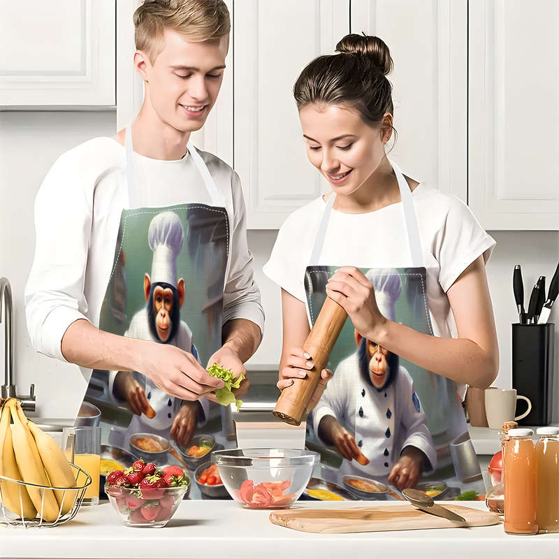 1pc Creative Monkey Chef Pattern Apron Adjustable Straps Durable Polyester Kitchen Cooking Bi