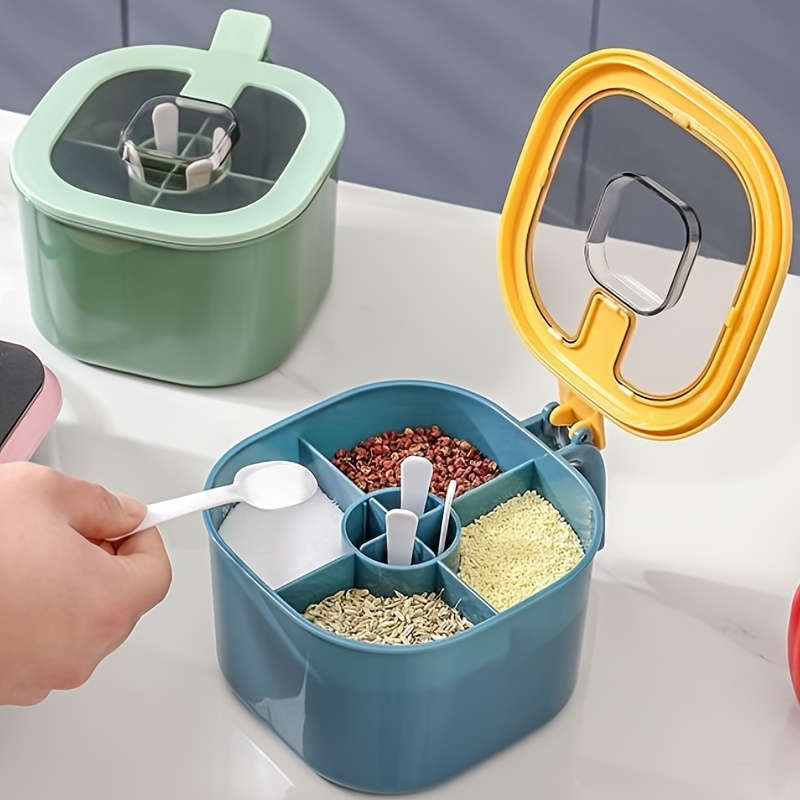 1pc 4-in-1 Large Capacity Seasoning Box with Lid and Spoon Durable ABS Material Four Compar