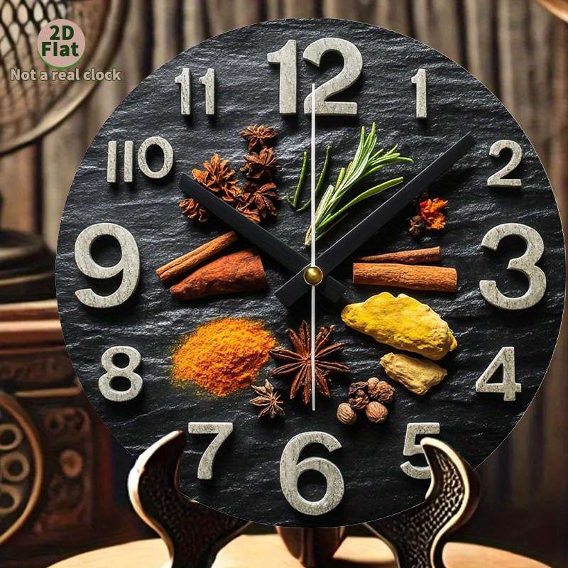 1pc 2D Flat Non-Real Clock Modern Spice-Themed Wall Clock with Black Glossy Stone Design Aluminum