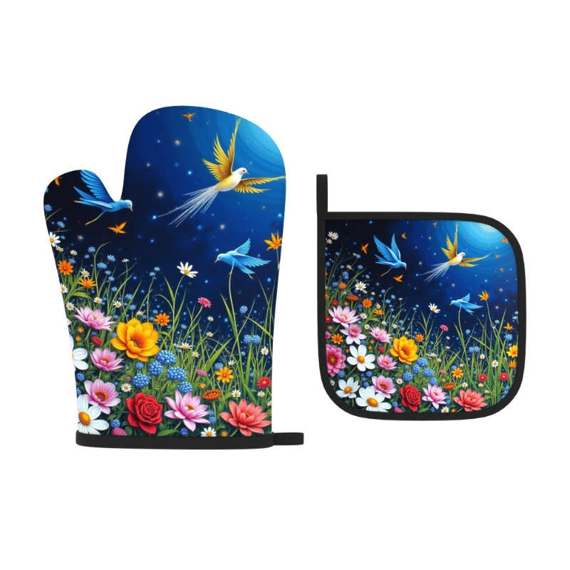 2pcs Set Colorful Floral Bird Design Polyester Oven Mitts and Potholders Heat Resistant Mac