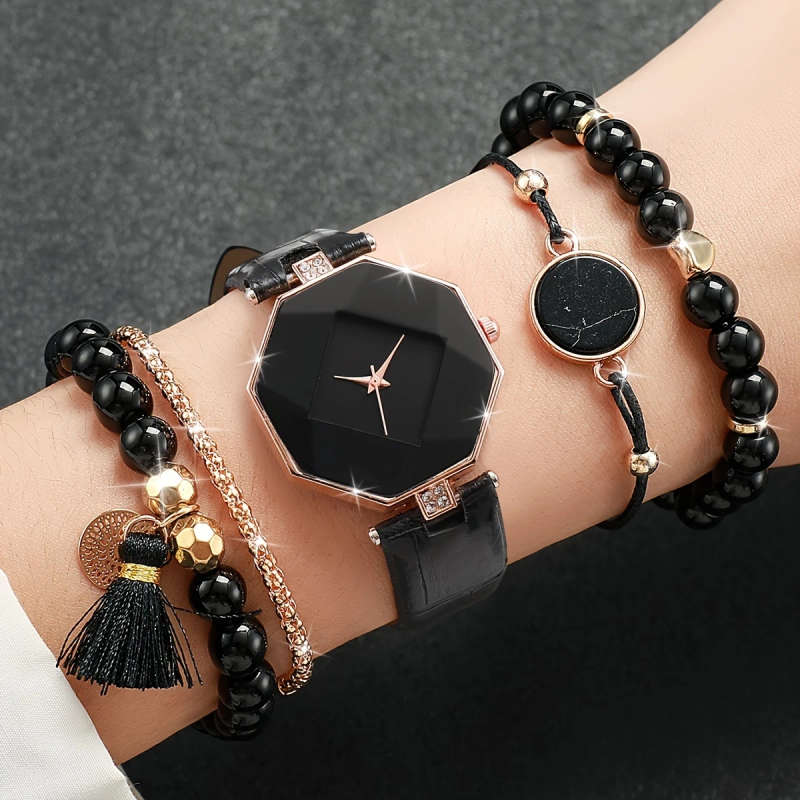 5pcs set Women's Fashion Rhombus Dial Quartz Watch Bracelet Set Does Not Include Watch Box