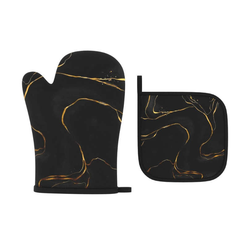 2pcs 26.92x17.02 cm Oven Mitts And Potholders Black Background Gold Line Texture Pattern Friend
