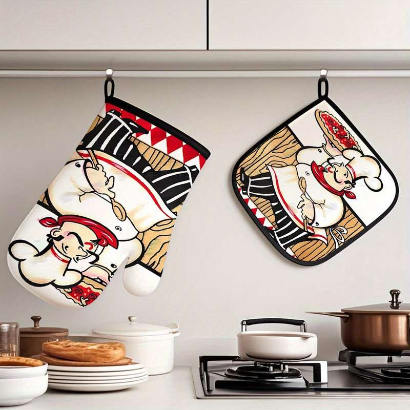 2 piece set Kitchen Oven Gloves and Hot Pads Pizza Chef Design for Kitchen Cooking Baking and
