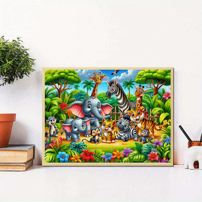1000pcs Jigsaw Puzzle Jungle Scene with Giraffes Elephants Zebras Vibrant Mixe