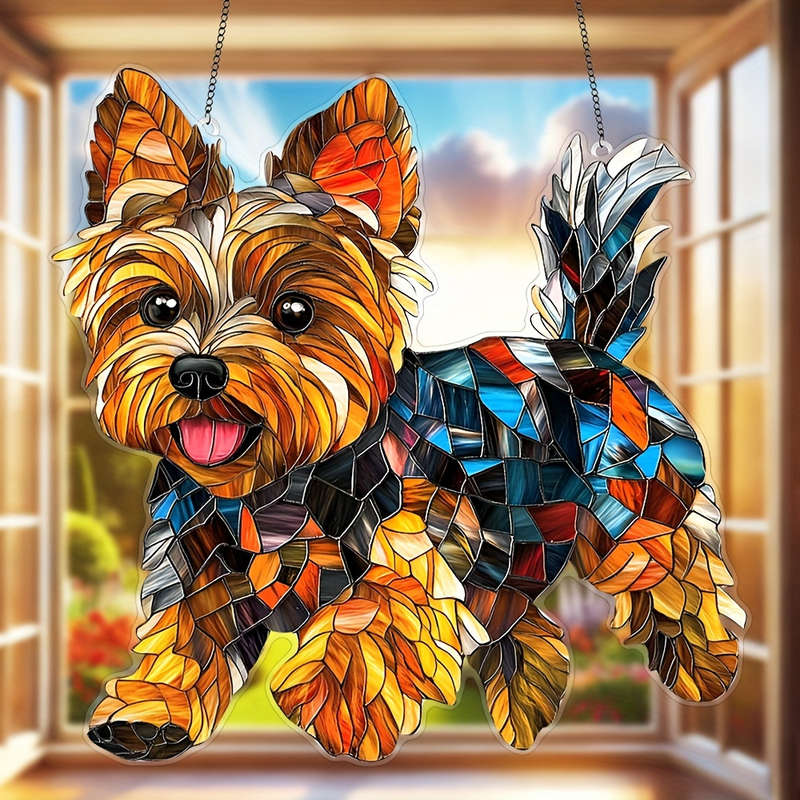 1pc 2D Flat  Printing 8" x 8" Acrylic Dog Ornament Colorful Yorkie Design Durable Wall Art for Wi