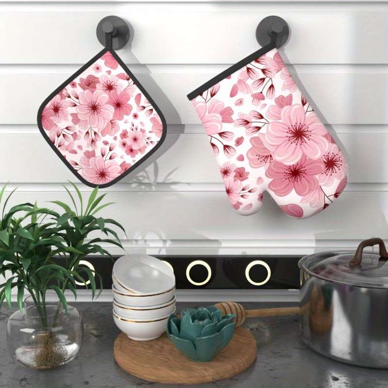 2pcs Pink Cherry Blossom Oven Mitts Pot Holders (26.92x17.02cm) Heat Resistant Polyester
