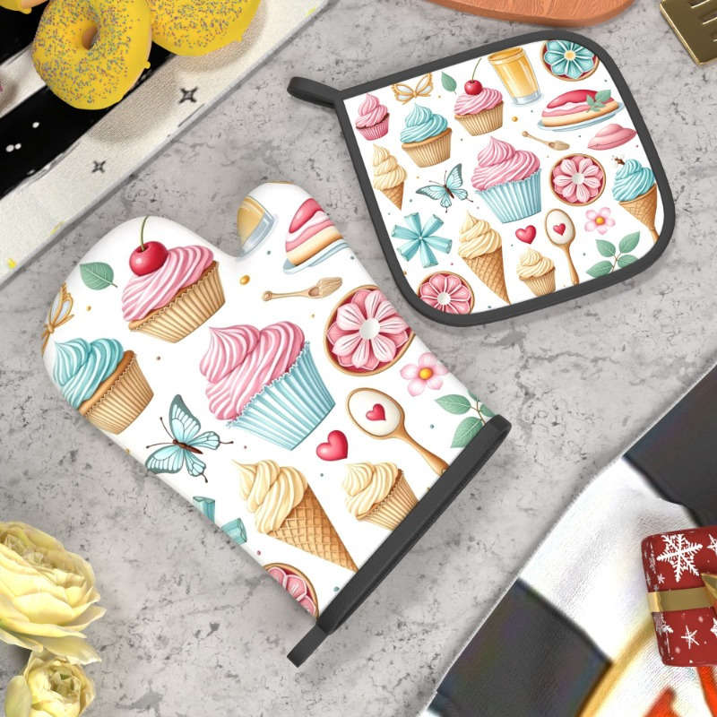 2pcs Colorful Dessert Butterfly Design Heat-Resistant Oven Mitts 26.92x17.02 cm Polyester K