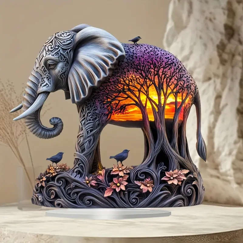 1pc 2D Flat Bohemian Sunset And Forest Elephant Decorations Acrylic Material Tabletop Boho Style
