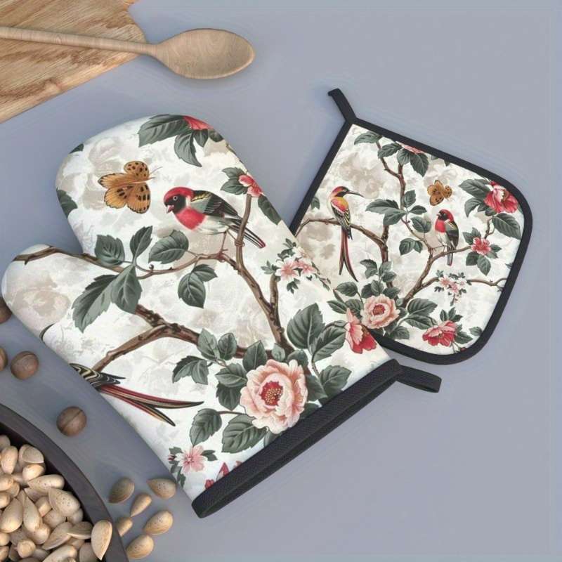 2pcs Floral Oven Mitts and Pot Holders Set Heat Resistant Machine Washable Polyester Ideal