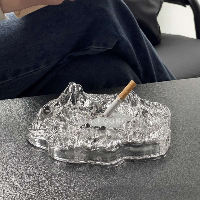 1pc Elegant Frosted Iceberg Glass Ashtray C Stylish Mountain Design for Home Decor Cigar and Cigar