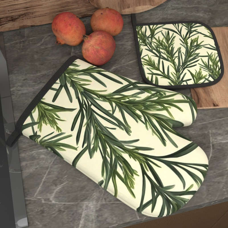 2pcs Botanical Print Oven Mitts Pot Holders Heat-Resistant 26.92x17.02cm Green Plant Desi