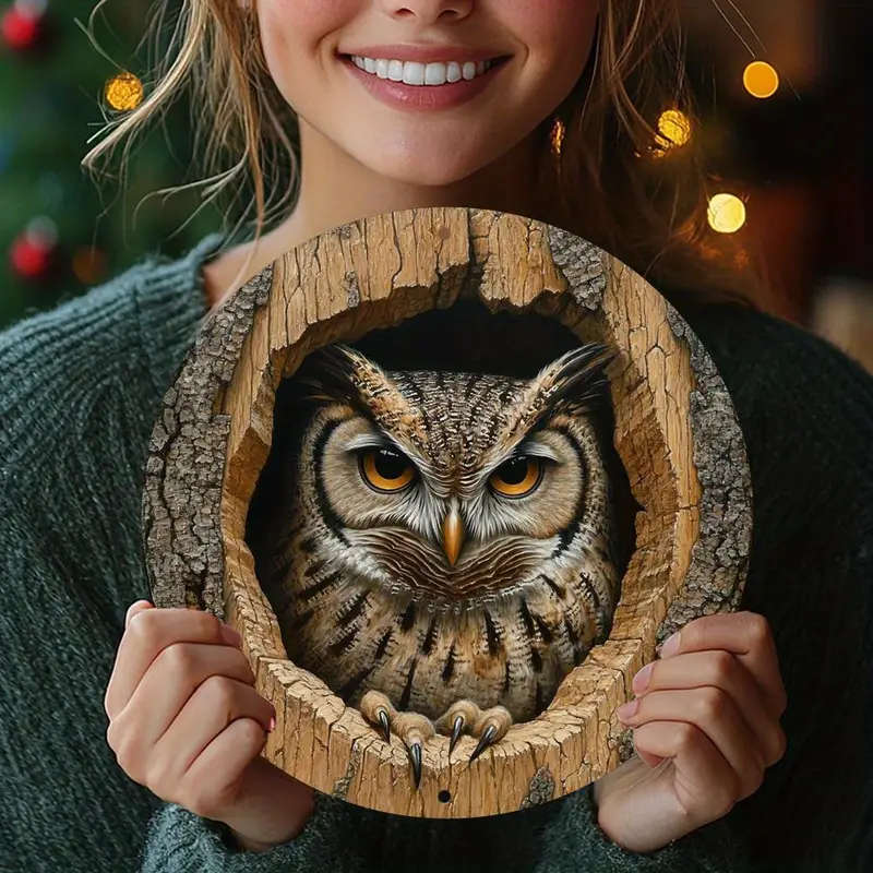 1pc Retro Owl-Themed Aluminum Wall Art 20.32x20.32cm Round Metal Sign Multi-Use Decor for Home Offic