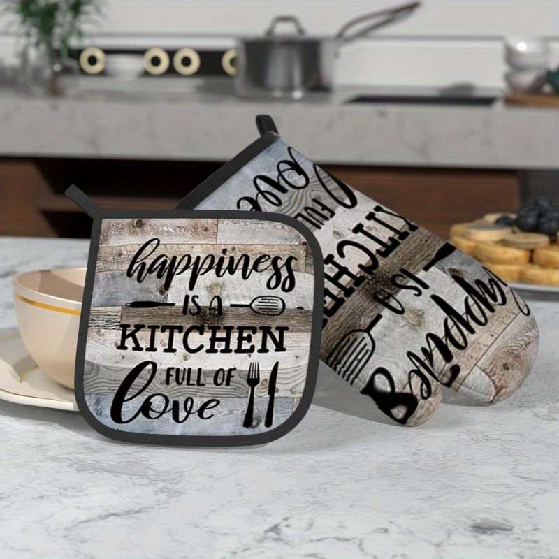 2pcs Heat Resistant Oven Mitts 2pcs Rustic Wooden Design Polyester Oven Mitts and Pot Holders