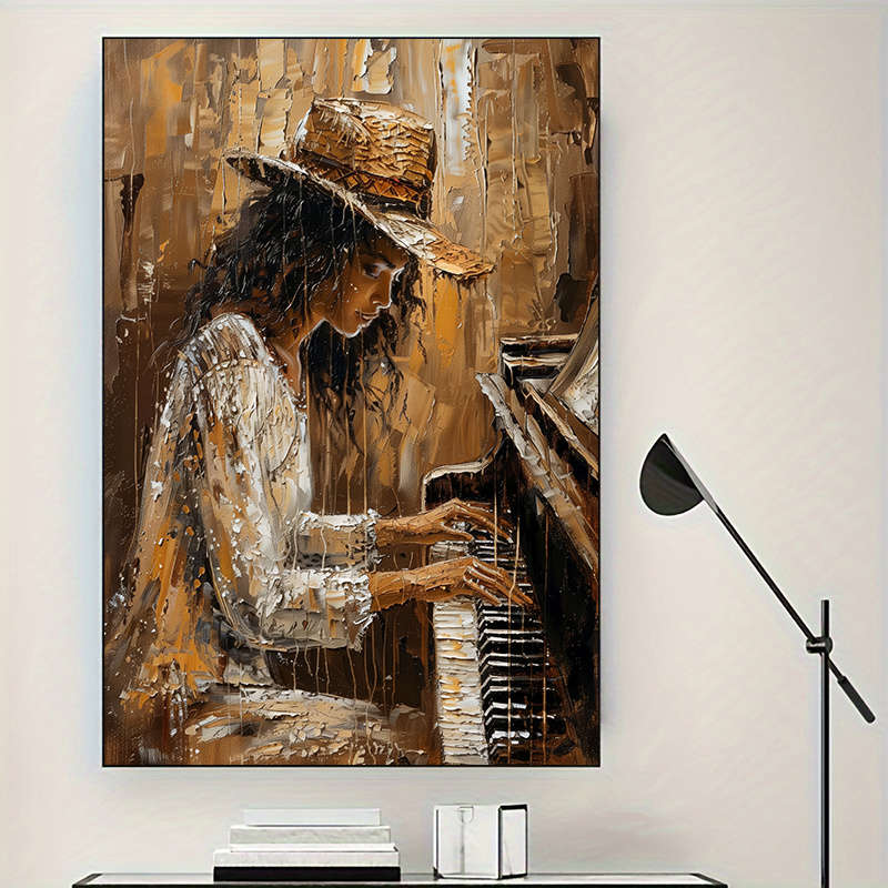 1pc 23.62x35.43in 60cmx90cm Frameless Modern Abstract Women Playing Piano Wall Art Canvas Paint
