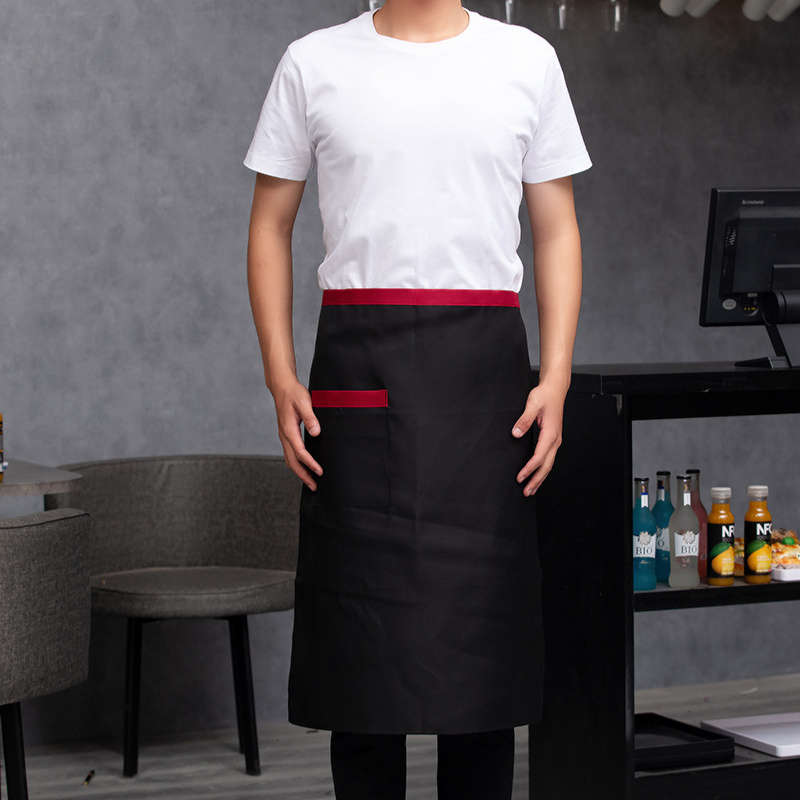 1pc Men's Black Canvas Chef Apron with Red Stripe Half-Length Server Kitchen Work Apron Durabl