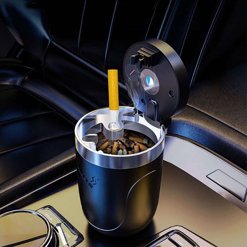 1pc LED Car Ashtray with Push-to-Open Cover Anti-Splash Metal Liner Durable Plastic Constructio