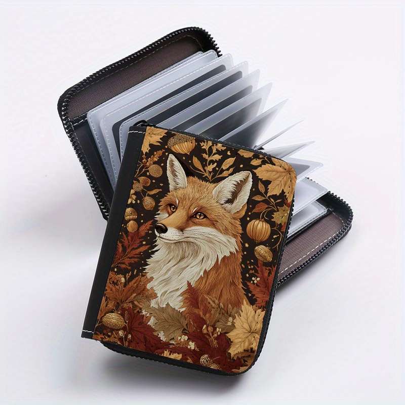1pc Chic Autumn Fox Print Credit Card Holder 24 Slots Zippered Coin Purse ID Wallet for Men an