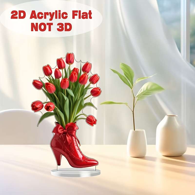 1pc 2D Flat   Classic Red High Heels Tulip Acrylic Desktop Decor Romantic  Design Perfect