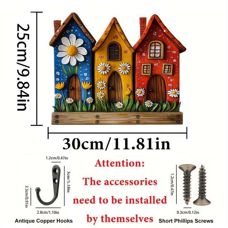 2D Flat 1pc Colorful Cottage Simple Wooden Home Key Holder with Four Metal Hooks 30.0cm x 24.99cm
