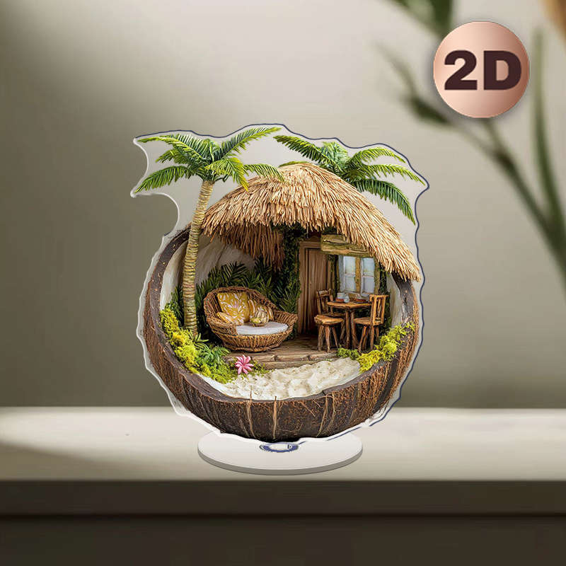 1pc 2D Flat  Tropical Hut in a Coconut Shell Acrylic Desk Decor with Stand  Design Featuring Pa