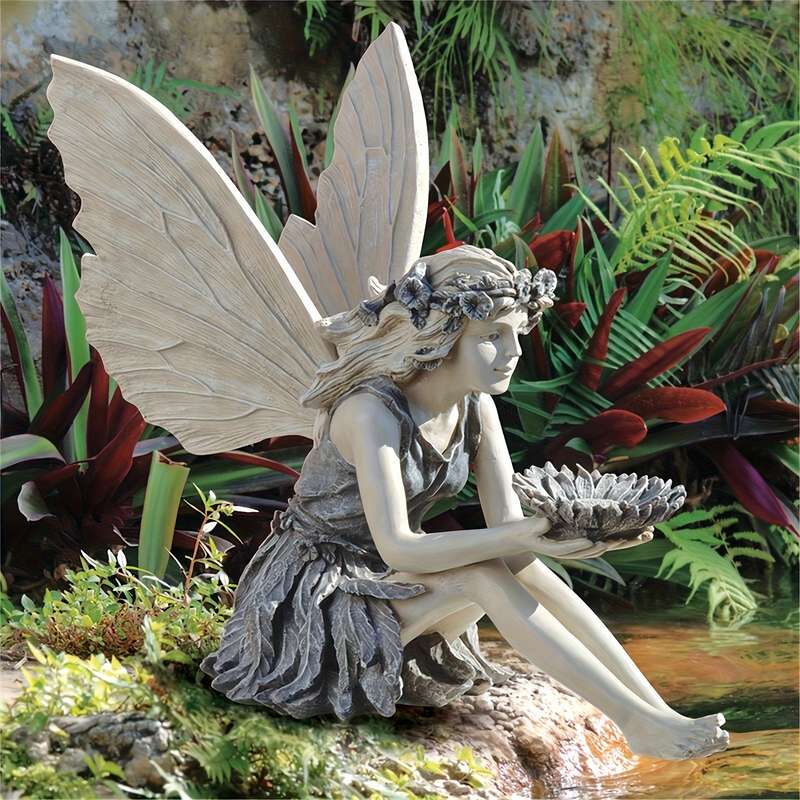 1pc 2D Flat Whimsical Fairy Garden Statue Resin Fairy with Wings Holding