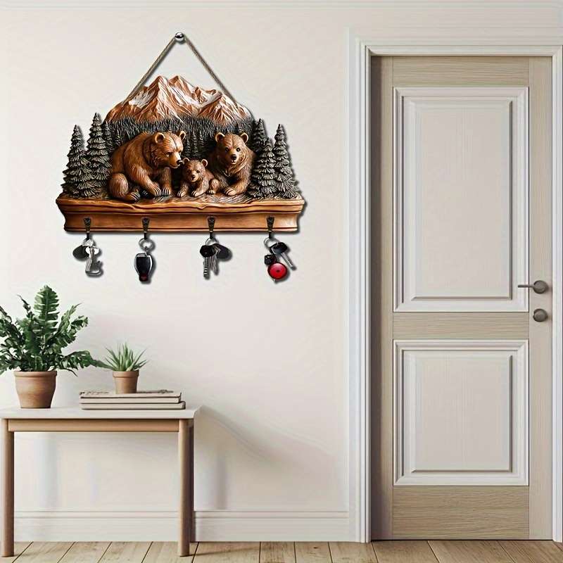 1pc Warm Forest Bear- Household Wooden Key Rack( 29.97cm x 24.99cm) with Four Metal Hooks- Multifu