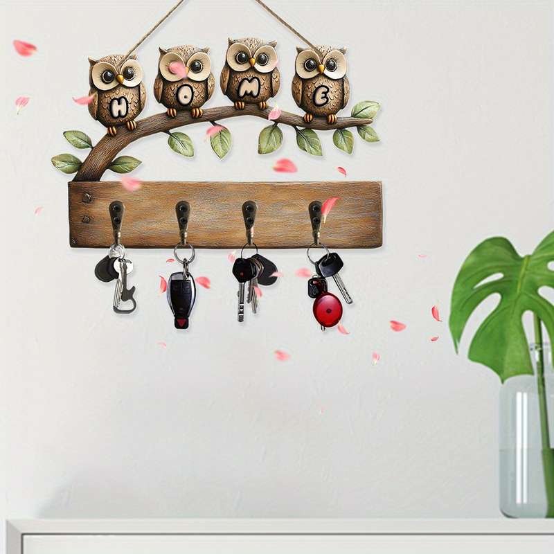 Vintage Owl Family Wall Hook RackRustic Wooden Key Holder with 4 Hooks Charming Owl Design for H