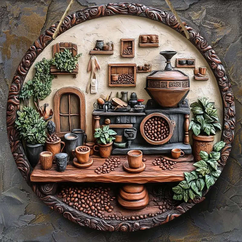 1pc Rustic Round Wooden Coffee Machine Theme Wall Art 20.32x20.32cm 2D Flat Printed Sign for Home Of
