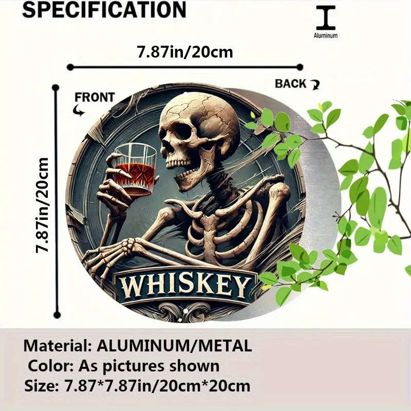1pc Vintage Whiskey Skeleton Round Aluminum Sign Rustic Metal Wall Decor with Ornate Border Ideal fo