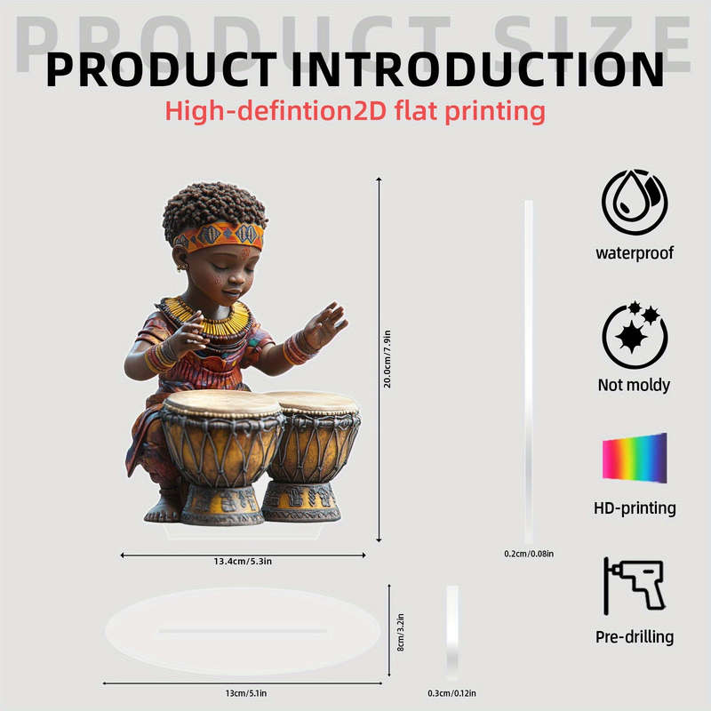 1pc 2D Flat   Acrylic African Boy Playing Drums Decorative Figurine Bohemian Style No Power Ne