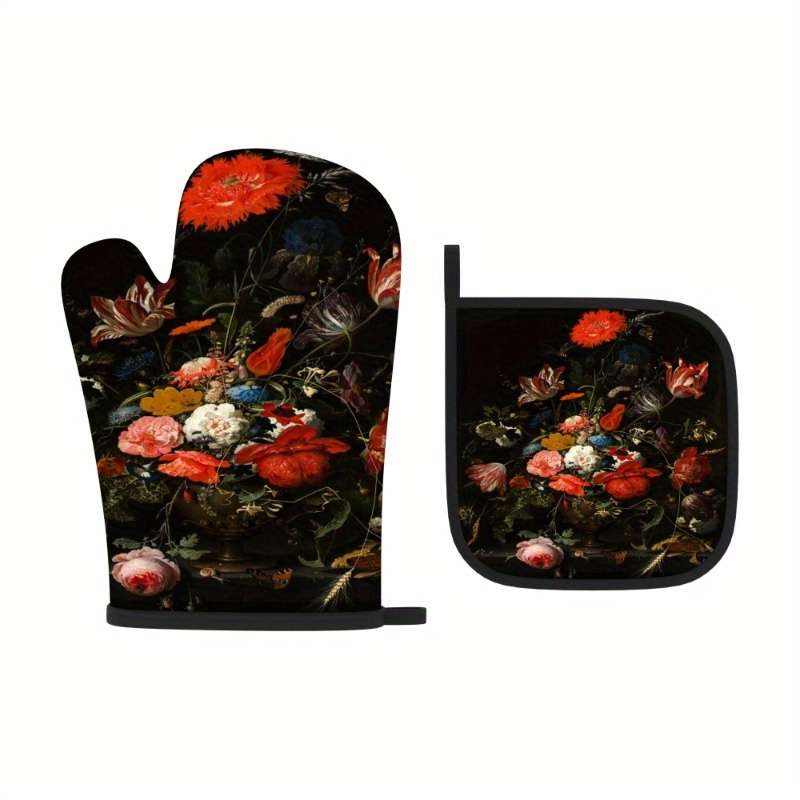2pcs Floral Oven Mitts Pot Holders Heat Resistant Decorative Kitchen Gloves with Vibrant R