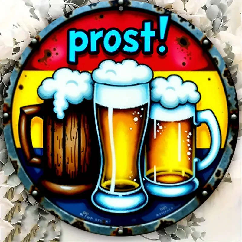 1pc Festive Beer Mug Metal Sign 20.32x20.32cm Round Aluminum Wall Art with Prost Greeting Ideal for